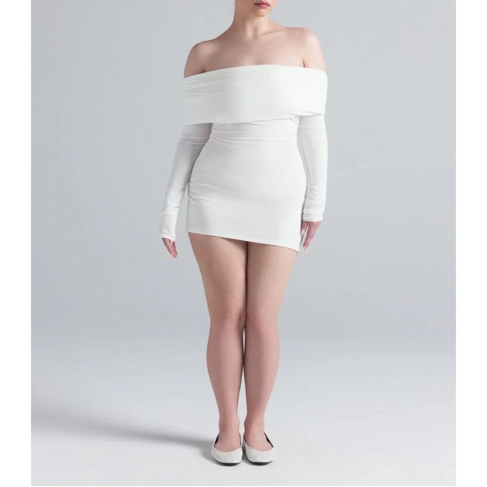 Skims Soft Lounge Off the Shoulder Ribbed Mini Dress White SZ S